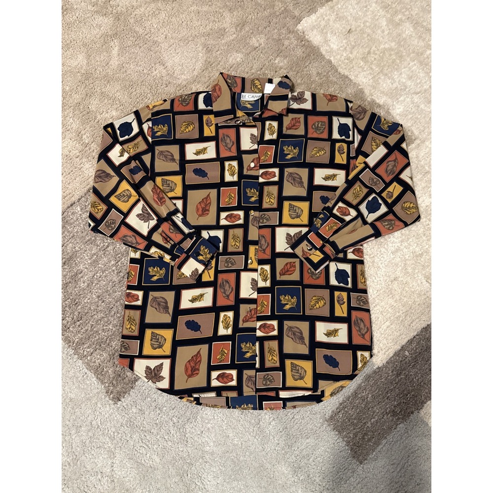 LE CAVIAR Womens Button Up Long Sleeve Shirt Fall Leaf Print‎ Beige Black M